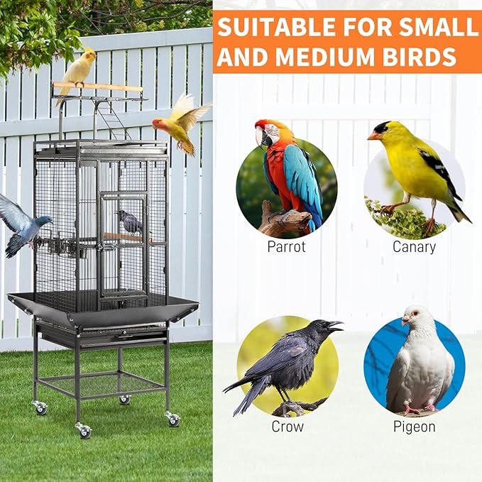 VINGLI 65-Inch Wrought Iron Bird Cage with Playtop | Durable Large Flight Cage with Ladder & Rolling Stand for Parrots, Cockatiels, Budgies, Lovebirds, Small/Medium Birds