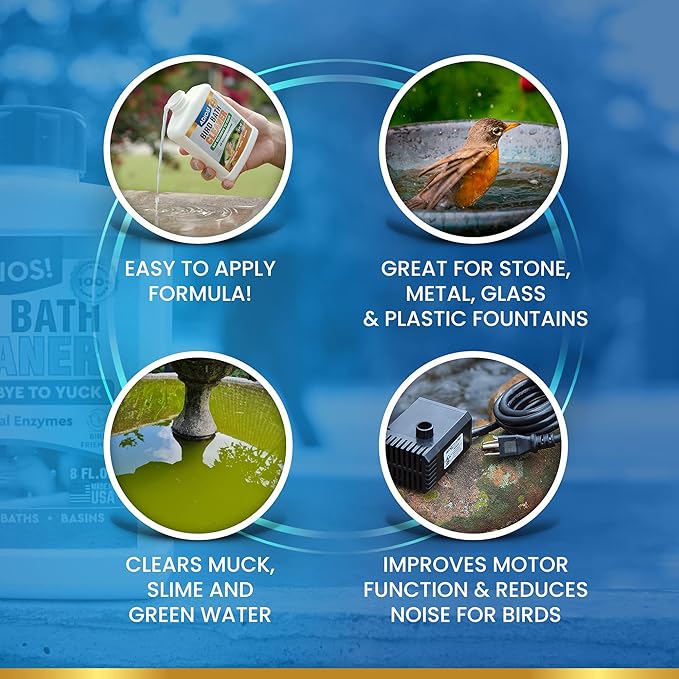 Bird Bath Cleaner for Outdoor Fountains and Bowls, Safely Cleans Metal, Glass and Stone (8oz)