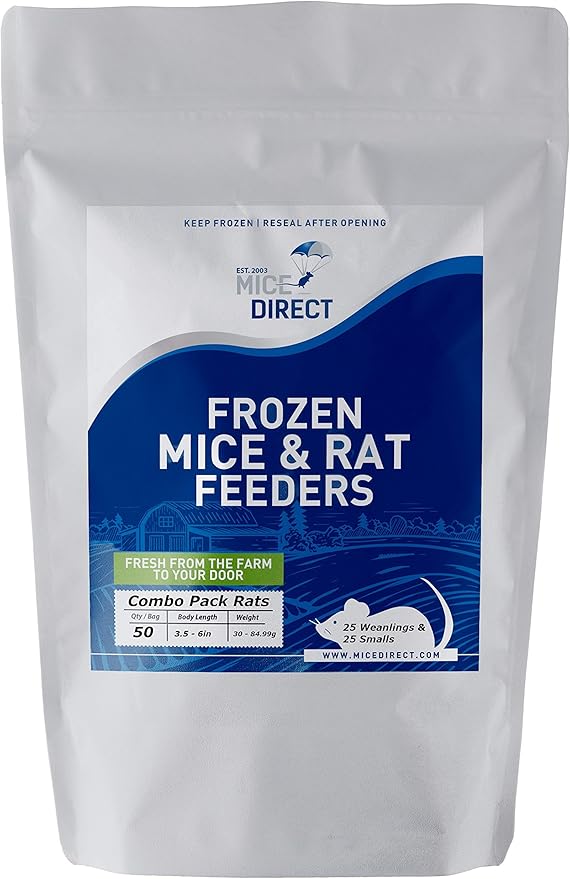 MiceDirect EST. 2003 50 Frozen Rat Combo Pack 25 Rat Weanlings and 25 Rat Small Feeders Snake Food for Juvenile Ball Pythons and Monitors (3.5-6 in)(1875 Grams Min)