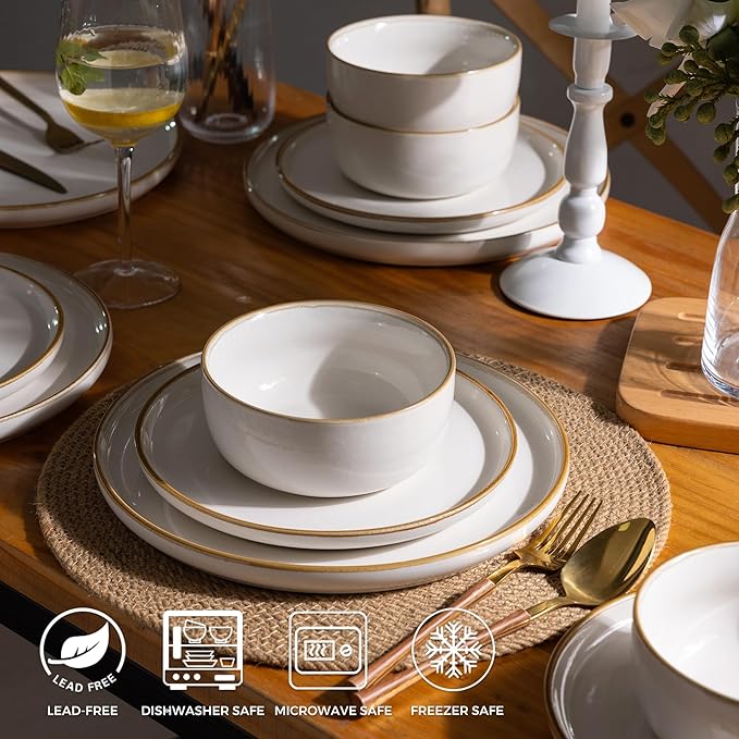 GBHOME Ceramic Dinnerware Sets for 4, 12 Pieces Stoneware Plates and Bowls Sets, Scratch Resistant Dishes, Dishwasher & Microwave Safe, Reactive Glaze-White