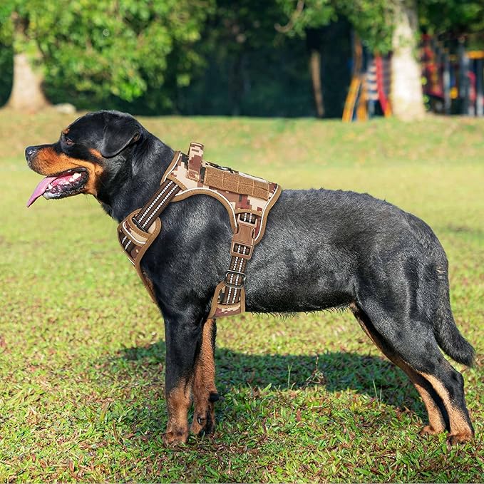 Heavy Duty Tactical Dog Harness for Large Dogs, No Pull Adjustable Pet Harness Reflective Service Training Easy Control Pet Vest Military K9 Working Dog Harnesses- Large, Desert Camo