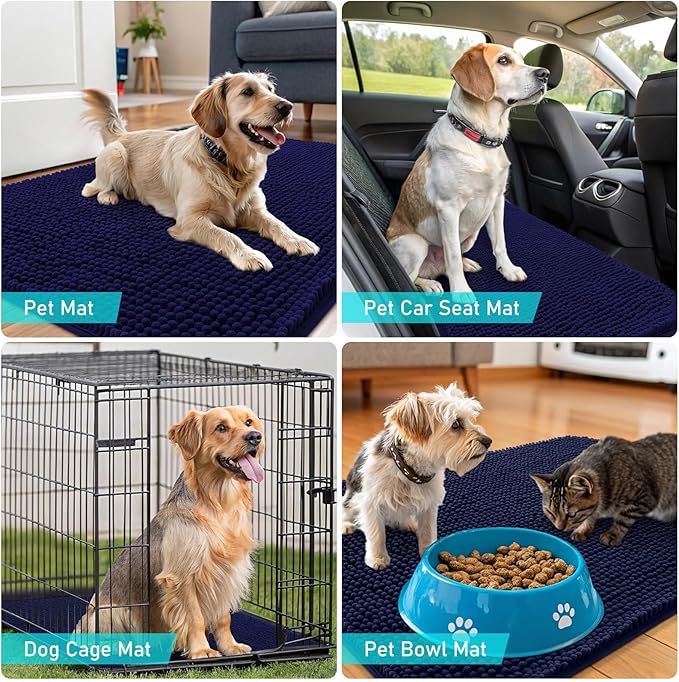 OLANLY Dog Door Mat for Muddy Paws 24x16, Absorbs Moisture and Dirt, Absorbent Non-Slip Washable Doormat, Quick Dry Chenille Mud Mat for Dogs, Entry Indoor Entryway Carpet for Inside Floor, Navy Blue