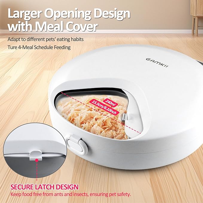 Automatic Cat Feeder Wet Food, Battery Operated Auto Wet/Dry Food Feeder with 2 Ice Packs, Cordless Programmable Timer Pet Auto Dispenser for Cat and Small & Medium Dog (4-Meals & Battery Included)