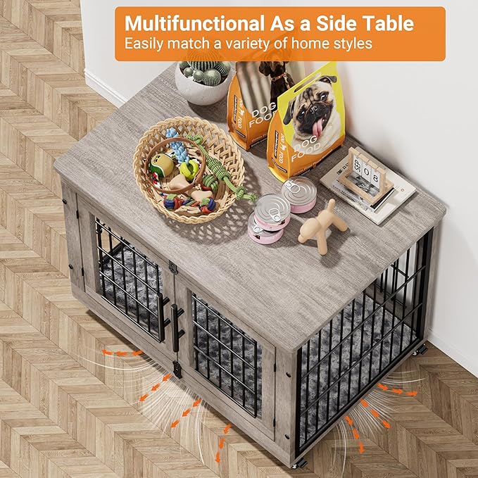 Lulive Dog Crate Furniture for Medium Dogs, 32'' Dog Kennel Indoor with Cushion & Wheels Wooden Dog Cage Double Doors Dog Crate End Table, Grey