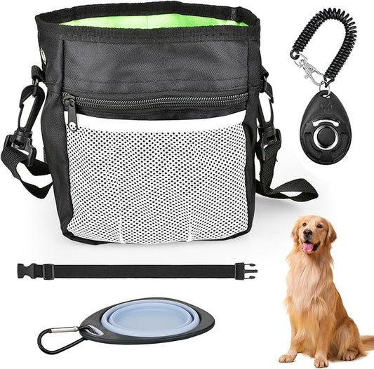 CONLI Dog Treat Pouch with Folding Bowl and Training Clicker, Treat Pouches for Pet Training Built-in Poop Bag Dispenser, Dog Training Treat Pouch for Pet Training Walking
