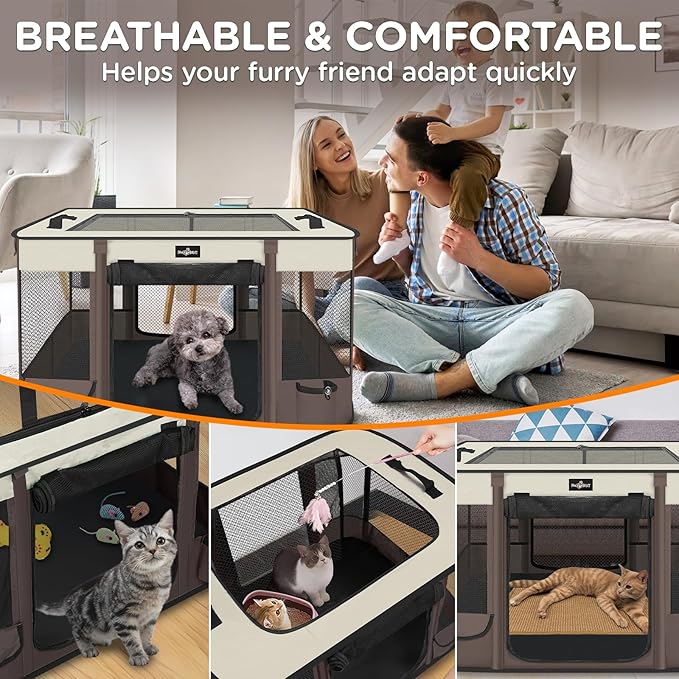 Foldable Pet Kitten Playpen, Upgrade Waterproof Portable Cat Dog Playpen Kennel Tent for Small Dog Cat, Retractable Shade Cover, Come with Free Carrying Case, Indoor Outdoor Use for Small Pet, Brown