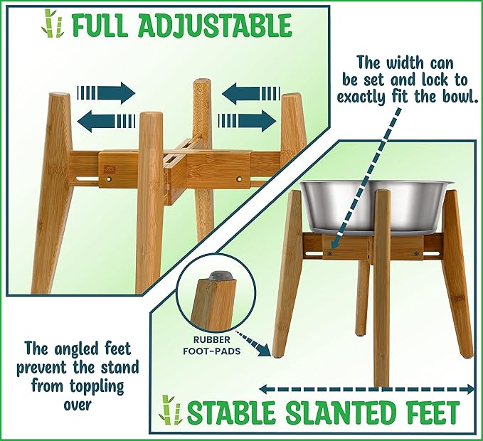 Dog Bowl Stand (12-inch High) - Ideal for Large Breeds - Adjustable Sideways, Slanted Feet - Elevates, Raises Pet Food Feeders, Water Dishes, Fountains, Dispensers - Bamboo Stand Only