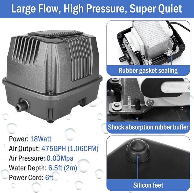 AquaMiracle All-in-One Koi Pond Aerator for Outdoor Ponds, Pond Air Pump Pond Aeration System with Self-Sinking Airline Flow Control Rubber Air Diffuser