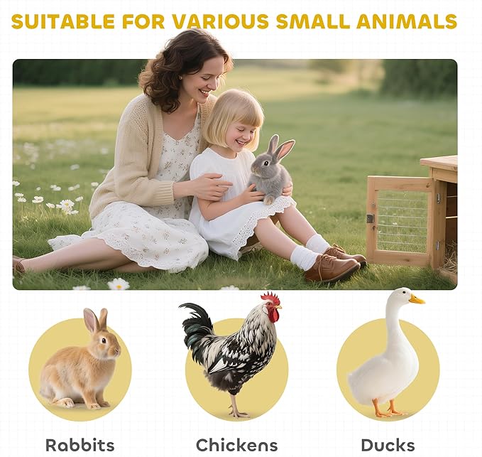 PawHut Wooden Rabbit Hutch with Wheels, Indoor Outdoor Large Bunny Hutch with Run & Slide-Out Tray for Small Animals, Rabbits, Chickens, Ducks, Guinea Pig, Yellow