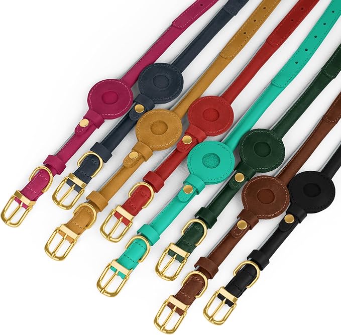 OOPSDOGGY Rolled Leather Dog Collar with Airtag Holder - Reflective Round Airtag Dog Collar - Soft Tracking Pet Collar for Small Dogs Puppy Cats Kitten (Camel, XL, 17"-21")