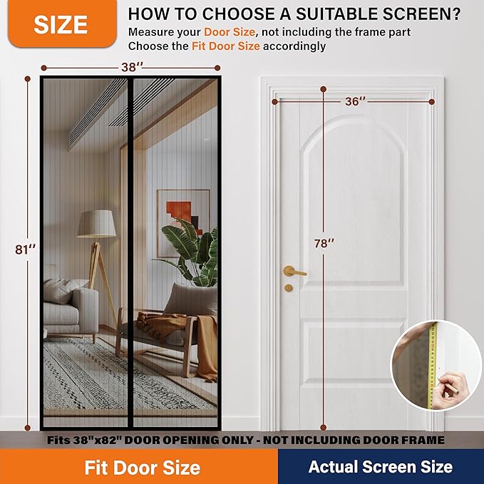 Magnetic Screen Door,Self Sealing Magnets, Easy Install Screen Doors with Magnets,Pet & Kid Friendly- Fits Doors up to36 x 78 Inches