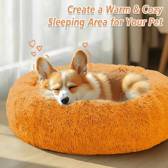JOLLYVOGUE Medium Calming Dog Bed, Anti-Anxiety Donut Cuddler Cat Bed with Anti-Slip Bottom, Fluffy Faux Fur Machine Washable Pet Cushion for Medium Large Dog & Cat (31")