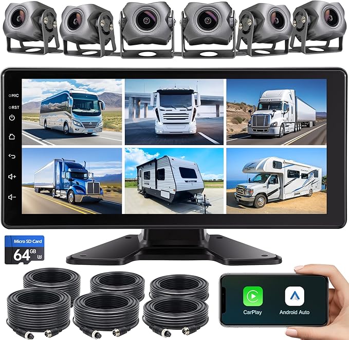 6-Channel Dash Cam 1080P Backup Camera System with 10.33 Inch Touch Parking Monitor,DVR Recording Back Up Camera for RV/Truck/Trailer/Van/SUV/Cars,Wireless Carplay/Android Auto/WiFi/Bluetooth/FM Radio