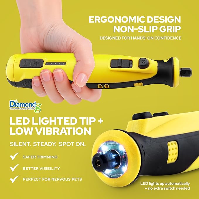 Diamondg Cordless Dog Nail Grinder with Quiet Sound & LED Tip for Large & Small Dogs, 4hrs. Runtime - Electric Dog Nail Trimmer, Heavy Duty Rotary Tool Alternative to Toenail Clippers & Filers