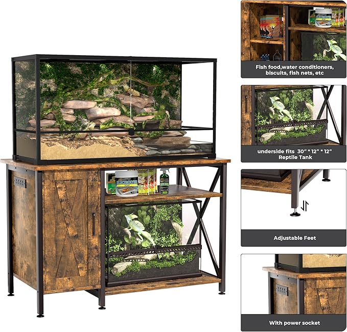 40-120 Gallon Reptile Tank Stand with Power Outlet, Terrarium Stand with Storage Cabinet, 48" X 24" Tabletop, Reptile Terrarium,Turtle Tank Rustic Brown PG08XYN