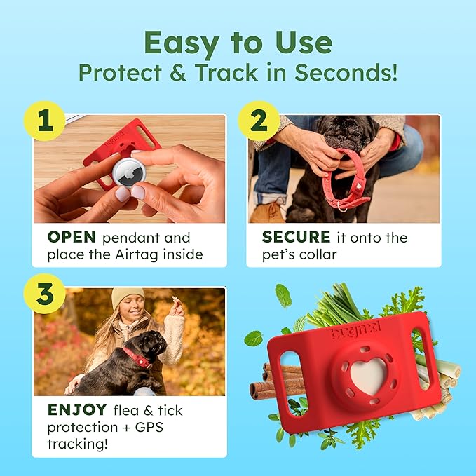 BugMD Paw Guardian Flea and Tick Prevention Pendant for Dogs with AirTag Holder | Plant-Powered Flea & Tick Control for Dog Collars Harnesses | Dog Tag with Air Tag Holder - Red