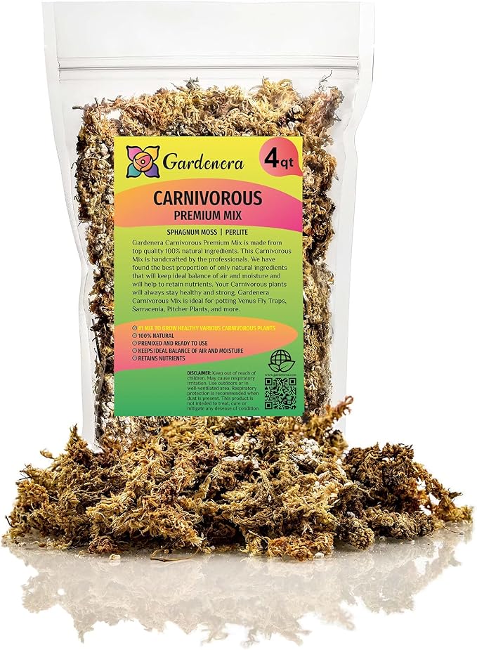 GARDENERA Sphagnum Moss Potting Mix for Carnivorous Plants, Moss and Perlite Blend for Potting Venus Fly Traps, Sarracenia, Pitcher Plants - 75% Sphagnum Moss + 25% Perlite - Made in USA - 4 Quart