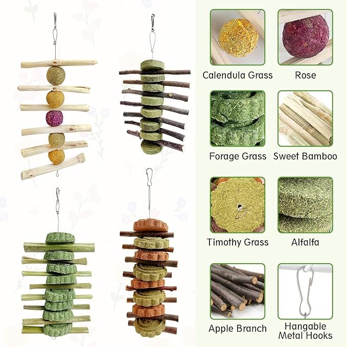 Hamiledyi 4PCS Bunny Chew Toys Rabbit Toys for Teeth Grinding Natural Fruit Sticks Timothy Grass Small Animal Chew Toys and Treats for Guinea Pig Hamster Chinchilla Squirrel