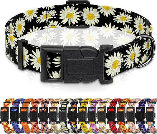 Dog Collar, Daisy Boys Girls Puppy Collar for Small Medium Large Dogs, Adjustable Soft Floral Pet Collar with Safety Buckle for Male Females(Black Daisy,M)