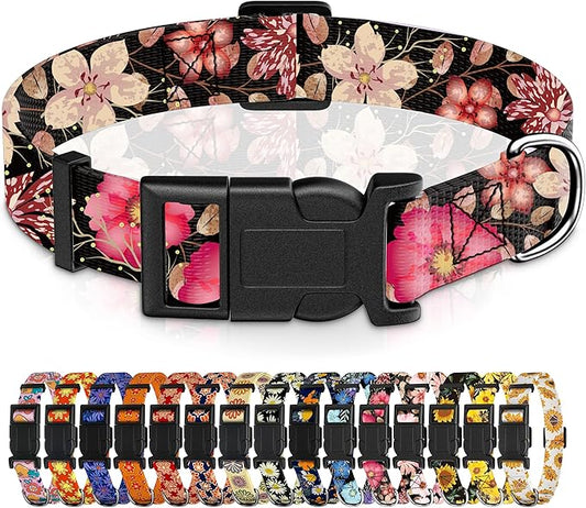 Dog Collar for Boys Girls, Floral Puppy Collar for Small Medium Large Dogs, Adjustable Soft Pet Collar With Safety Buckle for Male Females (Red Floral, M)