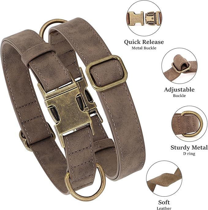 Didog Soft PU Leather Dog Collar, Stylish Quick Released Dog Collars for Medium Dogs, Easy Clean Adjustable Pet Collar for Daily Walking, Brown, M Fit 13-21" Neck