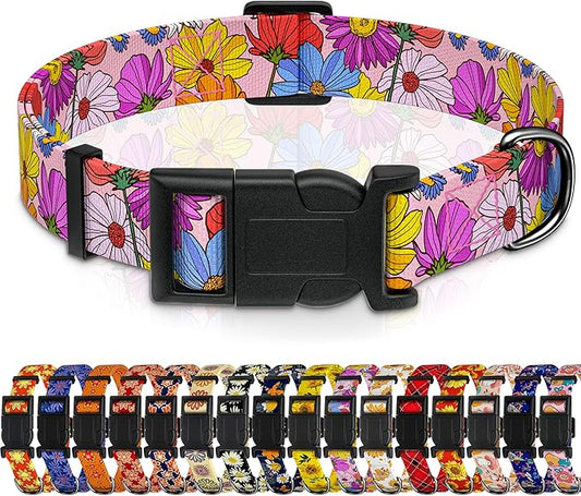 Dog Collar, Pink Floral Boys Girls Puppy Collar for Small Medium Large Dogs, Adjustable Soft Floral Pet Collar with Safety Buckle for Male Females(Pink Floral, S)