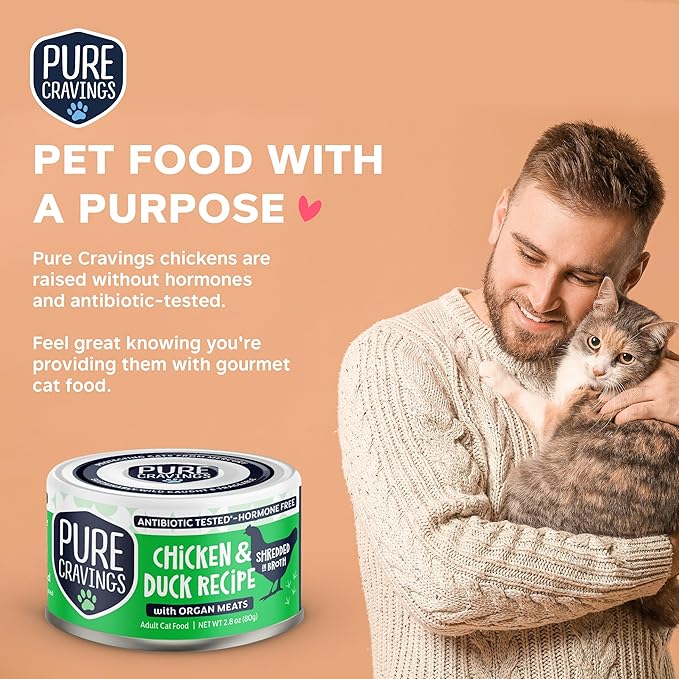 Chicken and Duck Recipe in Broth, Shredded Wet Cat Food, Grain-Free Protein, Non-GMO, 12 Pack