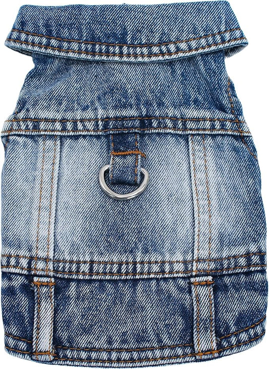 Puppy Clothes for Small Dogs Boy,Classic Western Denim Dog Coat,Dog Jeans Jacket with Leash D-Ring,Pet Cat Costumes,Cooling Harness Vest for Walking (Blue, X-Small)