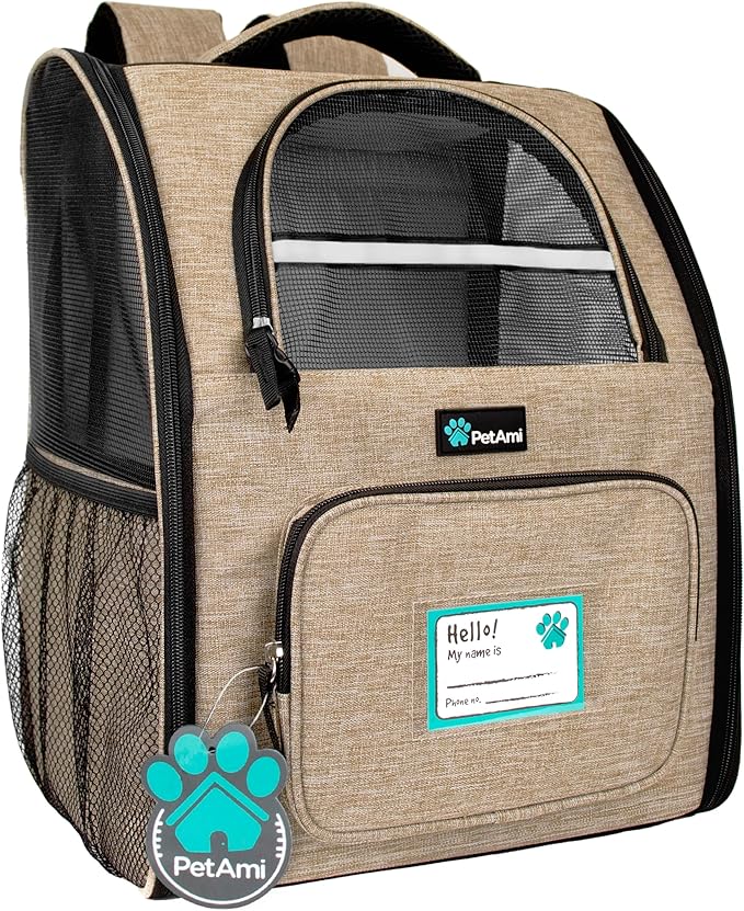 PetAmi Dog Backpack Carrier for Small Large Cat, Pet, Puppy, Ventilated Pet Hiking Backpack Travel Bag, Airline Approved Cat Backpack Carrier, Camping Biking Dog Bag Up to 18lbs Pet, Taupe