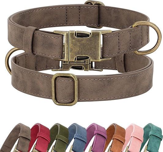 Didog Soft PU Leather Dog Collar, Stylish Quick Released Dog Collar for Large Dogs, Easy Clean Adjustable Pet Collar for Daily Walking, Brown, L Fit 15-23" Neck