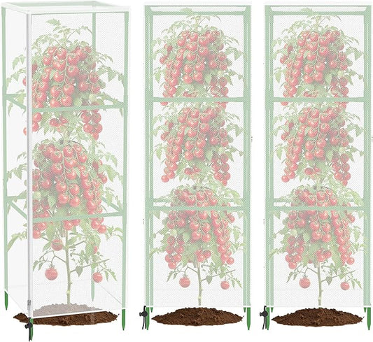 Garden Bird Netting Plant Cover for Square Tomato Cage, 59" x 17.7" Insect Barrier Tomato Cage Net with Zipper and Drawstring, Tomato Trellis Netting Protection Cover for Protecting Plant (3 Pack)